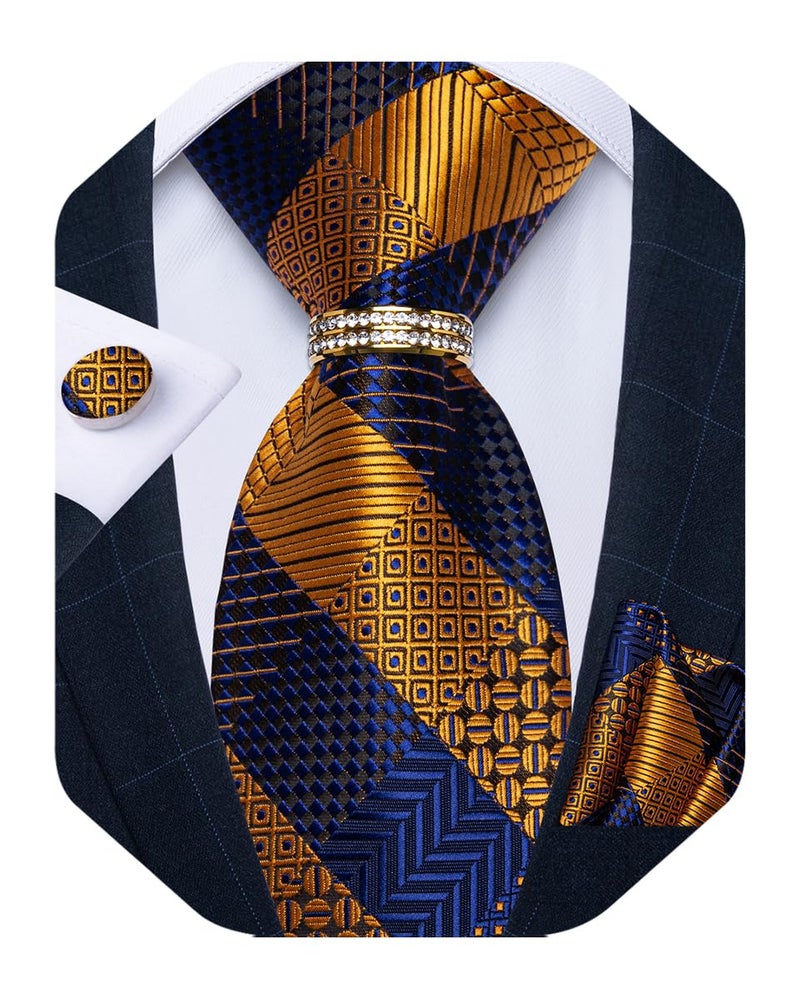 DiBanGu Mens Tie Set Silk Necktie and Gold Tie Ring Pocket Square Cufflinks Formal Business Wedding Ties with Gift Box, Blue and Gold - Image 1